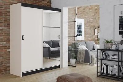 Produktbild von FurMeb24 Schiebetrenschrank RETRO 5-138x200cm Kleiderschrank mit Spiegel, 2-triger Schiebeschrank (Weiss / Weiss + Spiegel und schwarze Beschl€ge)