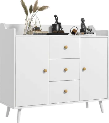 Produktbild von HOMCOM Modernes Wohnzimmer-Sideboard, Küchen-Sideboard mit 2 Türen, 3 Schubladen und Beinen aus Kiefernholz, für Esszimmer, Flur, Schlafzimmer, 90 x 32 x 80 cm, Weiß