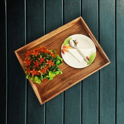 Image de Plateau de service en bois, plateau à thé en bois, plateau de dîner, plateau à collation, plateau de service en bois, dimensions : 40 x 30 x 5 cm