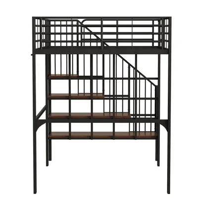 Produktbild von Flieks Hochbett 140x200cm mit Treppe, Etagenbett Kinderbett mit Rausfallschutz, Stockbett Metallbett mit Lattenrost, Doppelbett Kinder, Schwarz