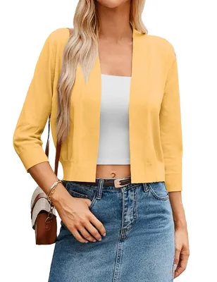 Produktbild von Kurzer, gestrickter Bolero mit 3/4-Ärmeln – Ingwergelb