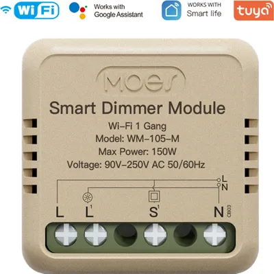 A close-up, front-facing view of a beige smart dimmer module with green terminal blocks.