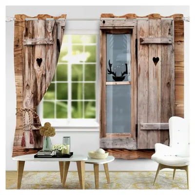 Produktbild von Scheunentor aus Holz 107x215cm Fenstervorhang, 2 Stück, rustikales Design für Schlafzimmer