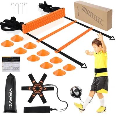 Produktbild von Koordinationsleiter Fußballtrainer - Fußball-Koordinationsleiter Set - 6 m - 12 Sprossen - Mit Kicktrainer und 10 Hütchen