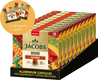 A display box filled with coffee capsules, with a promotional circle highlighting a free offer.