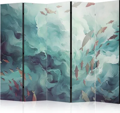 Produktbild von 5-teiliger Doppelseitiger Vlies Paravent - Three Schools of Fish - Fish in Muted Colors Swimming in Groups in Oceanic Depths 225x172 cm Tiere g-C-10163-z-b