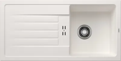 A top-down view of a white kitchen sink with a drainboard.