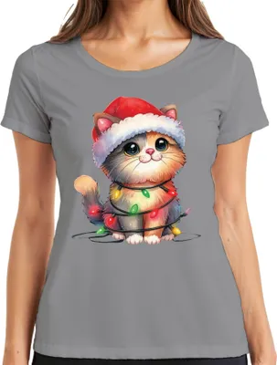 Produktbild von Katze Lichterkette Katzenliebhaber - Weihnachten Weihnachtsgeschenk Christmas Damen T-Shirt, Grau, 3XL