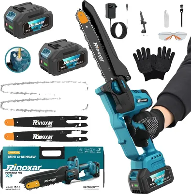 Obrázok produktu pre Mini reťazová píla, bezkartáčový motor, automatické mazanie, modrá, 8 palcov, dve batérie