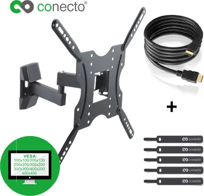 Produktbild von conecto CC50278 Wandhalterung für TV Geräte mit 81-140 cm (32-55 Zoll), neigbar: -10° bis 3°, schwenkbar: -90° bis 90°, Wandabstand: 62-309mm, Traglast: max. 20,0kg, VESA 400x400, schwarz, inkl. GRATIS HDMI-Kabel und Klett-Kabelbinder