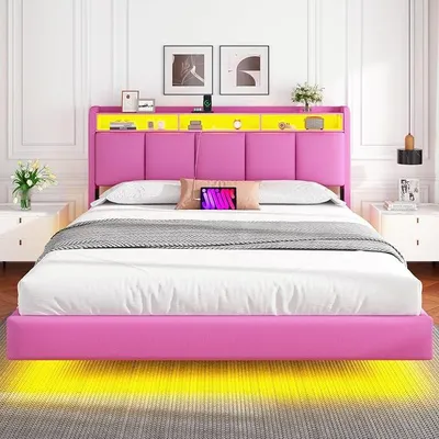 Obrázek produktu pro Postel s čalouněnou konstrukcí 160x200 cm, závěsná postel s LED osvětlením, čelo a nabíjecí stanice (2 zásuvky, 2 USB porty), postel 160x200 cm s úložným prostorem, moderní dvoulůžko s roštem, lněné povlečení, růžová barva