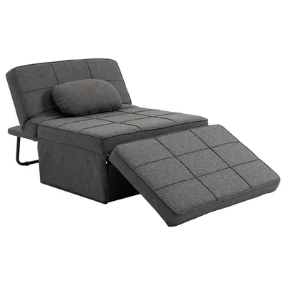 Image de HOMCOM Chauffeuse 1 place 4 en 1 Fauteuil lit Convertible Pouf Dossier inclinable 5 Niveaux Repose-Pied Rabattable, Charge 200 Kg, châssis métal et Tissu Lin gris