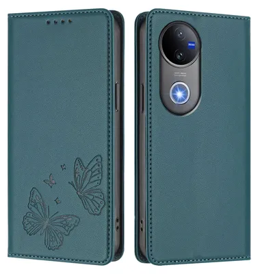 Image de Étui en cuir pour Vivo V50, étui de protection type portefeuille en cuir gaufré « papillon » avec support, vert