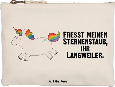 Produktbild von Mr. & Mrs. Panda Mäppchen Einhorn Happy Größe M - Weiß - Geschenk, Unicorn, Stoffbeutel, Einhörner, Fröhlich, glücklich, Kulturbeutel, Waschbeutel, Schlampermäppchen