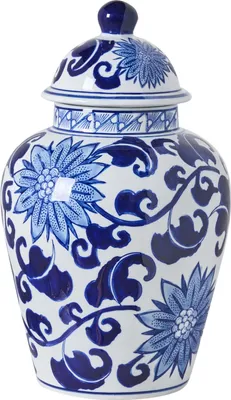 Produktbild von BELIANI Blumenvase mit Deckel Weiß u. Blau Porzellan 36 cm Hoch Groß Gewölbt Handgemacht Chinesische Deckelvase Urnenvase Keramikvase Bodenvase