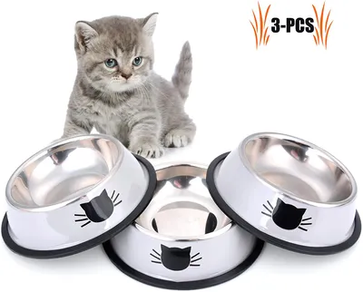Produktbild von Futternapf Katze, 3 Stück Edelstahl rutschfest Katzen Napf Katzennapf Set Fressnapf Katze Futterschüssel Katze Wasser Fütterung Schüssel Grau