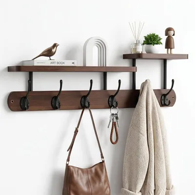 Wandkapstok mit Ablage, 6 Haken, Holz, 59 cm, dunkle Holzfarbe