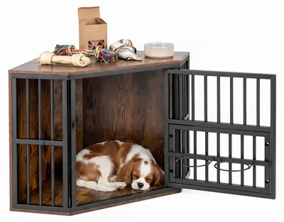 Produktbild von COSTWAY 2 in 1 Hundekäfig, Eck-Hundebox mit abschließbarer Tür, Metallgittern & höhenverstellbarem Napfregal, Hundehütte, dekorative Hundemöbel, Holz