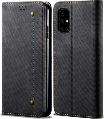 A flip-style phone case for a Samsung Galaxy A71 is shown in an open position, revealing the inside of the case and the phone's camera module.