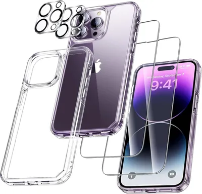 A clear product shot of an iPhone case, screen protector, and camera lens protector, presented in an exploded view.