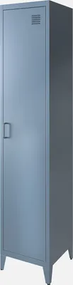 A single, tall, gray-blue metal locker stands on a white background.