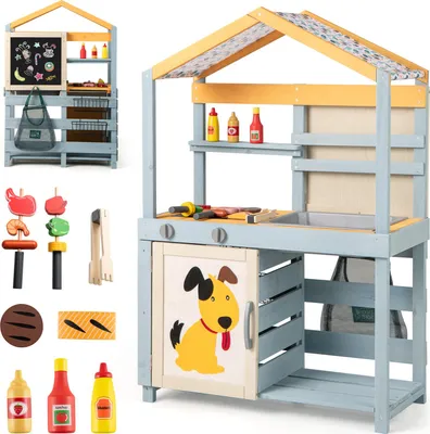 Produktbild von GOPLUS 2 in 1 Matschküche Outdoor, doppelseitige Spielküche für Kinder mit Tafel, Grill, Backofen, Vordach & Grillzubehörteile, Kinderküche Holz, Grau
