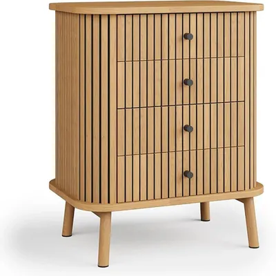 Obrázek produktu pro Noční stolek – komoda – 4 zásuvky – rýhovaný čelo – pevné nohy – moderní marocký styl – dub přírodní