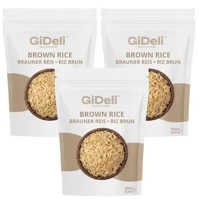 Obrázek produktu pro Hnědá rýže, 3 kg, přírodní, neloupaná, celozrnná, s vysokým obsahem vlákniny a proteinů, vhodná pro vegany. GiDeli