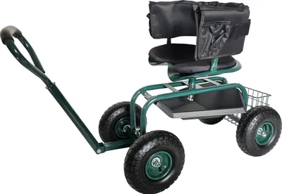 Produktbild von Relaxdays fahrbarer Gartensitz, höhenverstellbar, 150 kg, Stauraum, Lenkstange, Sitzkissen, Lehne, Gartenwagen, grün