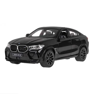 A black BMW X6 M toy car is shown from a side-angle on a white background.