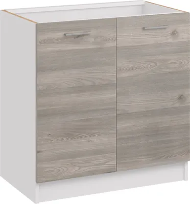 A white and wood-grain kitchen cabinet with two doors and silver handles, shown from the front.