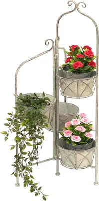 Image de DanDiBo Escalier pour fleurs Intérieur Métal Blanc Gris 100 cm Porte-fleurs avec 4 pots 96128 Porte-fleurs Colonne pour fleurs Porte-plantes Balcon Vintage