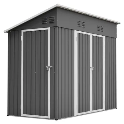 Produktbild von Metall Gerätehaus 242x120x192 cm Gartenschuppen mit Fundamentrahmen, Pultdach Anbauschuppen wetterfest mit 3 Türen & Belüftung für Werkzeuge Fahrräder, Grau