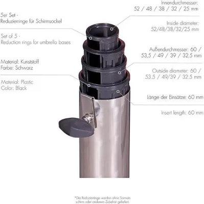 Immagine prodotto di Inserti di riduzione per supporti per ombrelloni in granito - Set di 5 anelli di riduzione - 52/48/38/32/25 mm