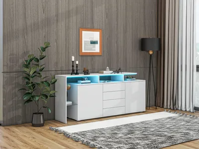Produktbild von STILVORA Sideboard mit 4 Schubladen und 2 Tür,Beistellschrank mit LED-Beleuchtung,Wohnzimmermöbel in Weiß Hochglanz,PB