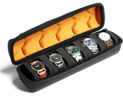 Produktbild von Hartschalen-Reise-Etui mit 5 Fächern und Anti-Bewegungs-Uhrenkissen, schwarz mit Mikrofaserfutter