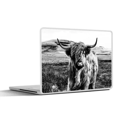 Produktbild von MuchoWow® Laptop Aufkleber Sticker Cover Schwarz - Weiß - Schottischer Highlander - Gras 25x18 cm - Laptop-Deko