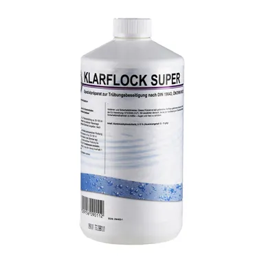 A white plastic bottle of pool water treatment product against a white background.
