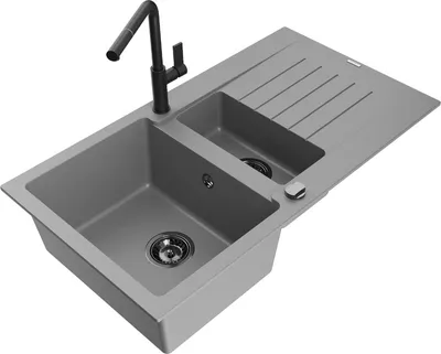 Produktbild von Mexen Matias 1,5-Becken-Granitspüle mit Abtropffläche und Mischbatterie Flora, Grau - 6502-71-670401-70-B