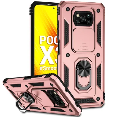 Immagine prodotto di Custodia per Xiaomi Poco X3 NFC / X3 Pro a doppio strato con copertura scorrevole della fotocamera e supporto ad anello Rosa