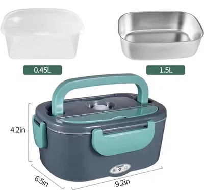Image de boîte à lunch électrique 60 W Boîte à lunch thermique pour adultes avec sac, fourchette et cuillère en acier inoxydable et boîte à aliments, 3-en-1 12/24/220 V, étanche, boîte à lunch électrique pour la voiture, le camion, le bureau