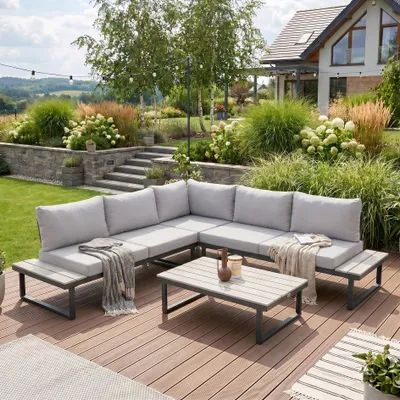 Produktbild von BEAUTYSOFA | MADISON Gartenlounge Ecksofa Hellgrau – Gartenmöbel Set, Ecklounge, Outdoor Sofa, Loungegruppe mit Couchtisch, 5 Sitzplätze