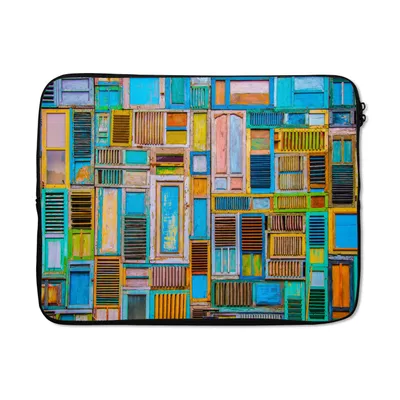 Produktbild von MuchoWow® Laptop Hülle 17 Zoll Laptoptasche Türen - Blau - Abstrakt - Architektur - Neon - Zipper - Schutzabdeckung