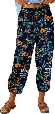 Image de ASKSA Femmes 7/8 Imprimer Pantalon long en lin Pantalon d'été Jambes larges Pantalons de loisirs Léger Pantalon en tissu lâche, Orange, XL