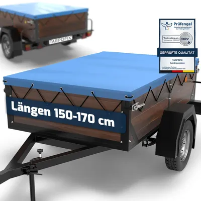 Zdjęcie produktu dla Plachta na przyczepę Tarpofix, 170x110 cm, z liną mocującą, płaska plandeka PVC, wzmocniona, w kolorze niebieskim, przeznaczona do różnych przyczep samochodowych