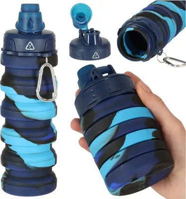 Image de Bouteille d'eau de sport pliable en silicone bleu de 500 ml avec poignée