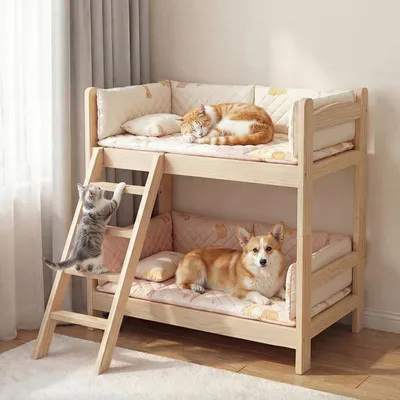 Produktbild von Etagenbett für Haustiere 60x45x70cm aus Massivholz Kiefer, Doppelstockbett für Katzen & Kleine Hunde mit abnehmbarer Leiter & Geländer