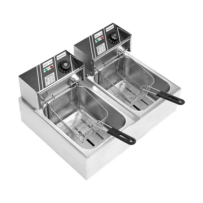 Image de friteuse électrique commerciale de 12 litres (double cylindre) en acier inoxydable avec panier Huile à froid Graisse Friteuse 5000W