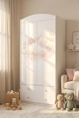 Produktbild von Kinderkleiderschrank mit bezauberndem Motiv – 2-türiger Schrank für Kinderzimmer inkl. 2 Schubladen, Kleiderstange & Einlegeböden, Weiß (88x187x54 cm)