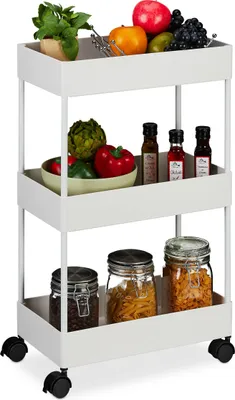 Image de Chariot Relaxdays, 3 étages, chariot de service, chariot de cuisine pour la salle de bain et le bureau, étagère à roulettes, dimensions : 65,5 x 40 x 22 cm, chariot de bricolage, blanc